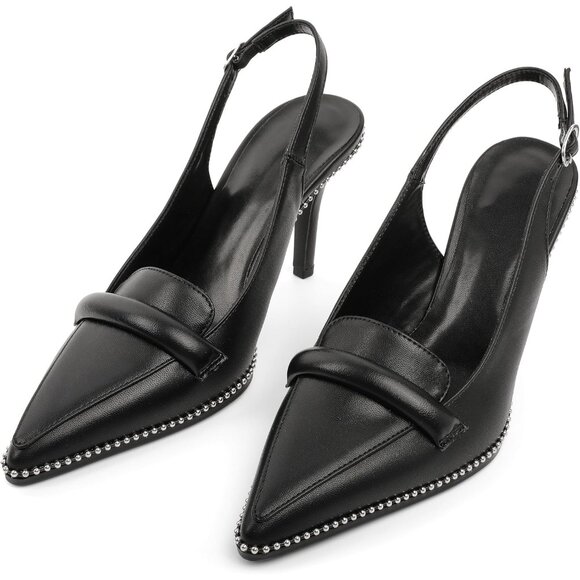 Women Black Pu Stiletto Beaded Pointed Toe Shoes Slip On Loafers Slingback Heels - Picture 5 of 7